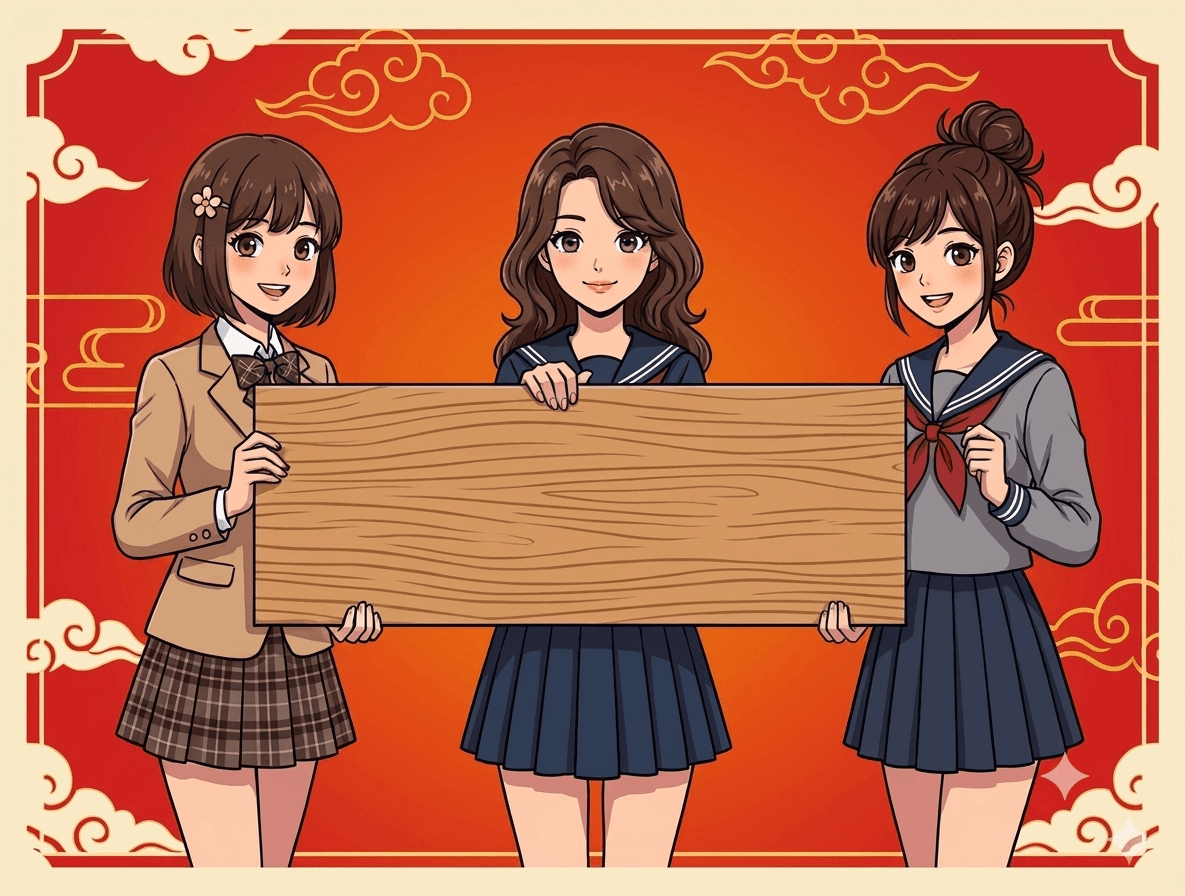 三位女生在暖色背景前举着木牌