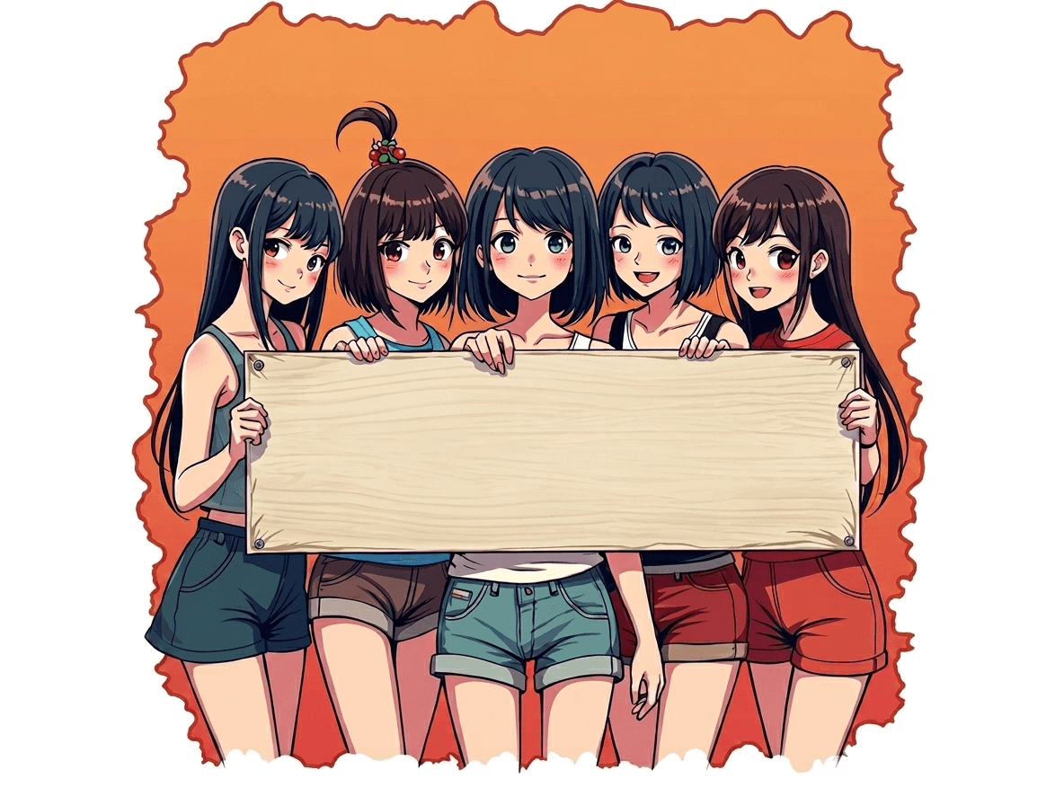 五位女生一起举着空白木牌