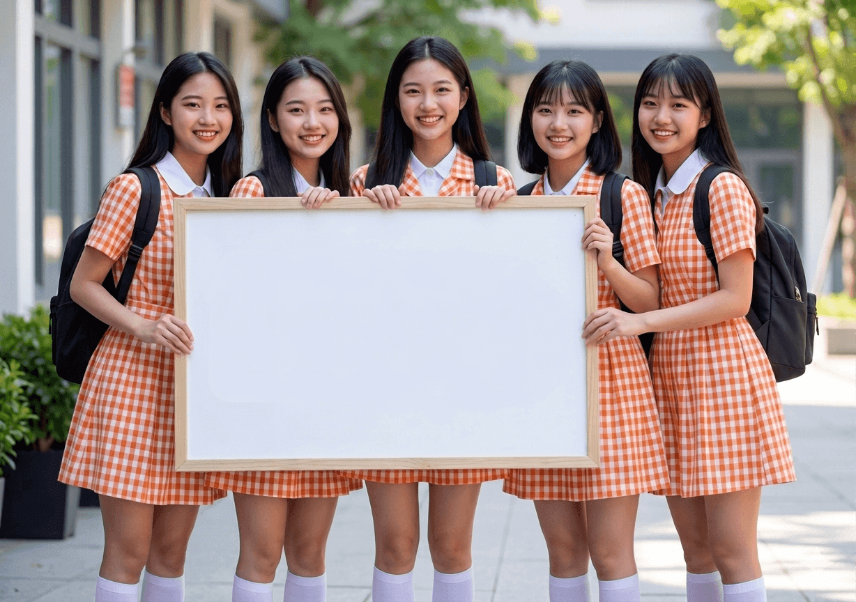 五位穿格纹校服的女生在户外举着白色牌子